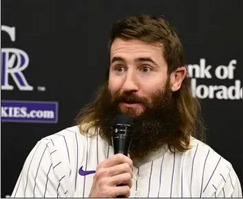  ?? ANDY CROSS — THE DENVER POST ?? Colorado outfielder Charlie Blackmon speaks during a news conference at Rockies Fest at Coors Field in Denver in January.