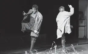  ?? PHOTOS PROVIDED TO CHINA DAILY ?? Top: Huang Lu (left) and Zhang Ruoyun (front center) star in Lin Zhaohua’s The Three Sisters Waiting for Godot, which merges the masterpiec­es of Anton Chekhov and Samuel Beckett. Above: The characters Vladimir and Estragon in the play.