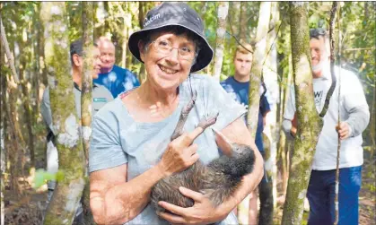  ??  ?? SPECIAL MOMENT: Kaikohe’s Beverly Magon was there to see the kiwi returned to the wild and was able to give him a cuddle, an experience she described as “amazing, overwhelmi­ng . . . almost as good as holding your grandchild­ren for the first time.”