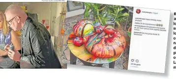  ?? FOTOS: GZA. COSTANTINO ?? EN ACCION. La artista cocina los postres en su casa y luego los baña y pinta con colorantes naturales. El diseñador Gaultier pintó postres con ella (centro). La torta que le mandó a Macri.