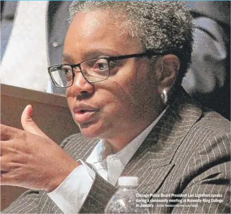  ?? | KEVIN TANAKA/FOR THE SUN-TIMES ?? Chicago Police Board President Lori Lightfoot speaks during a community meeting at Kennedy-King College in January.