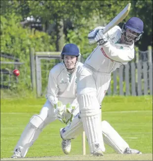  ?? Pictures: Chris Davey FM4407768 left, FM4407822 right, Buy these pictures from kentonline.co.uk ?? Left, Leeds & Broomfield keeper Dom O’Connell looks on as Chestfield’s Dylan Hunter hits out during his knock of 65 not out. Right, Leeds & Broomfield’s Max Aitken attempts to rebuild his side’s innings after the loss of two early wickets