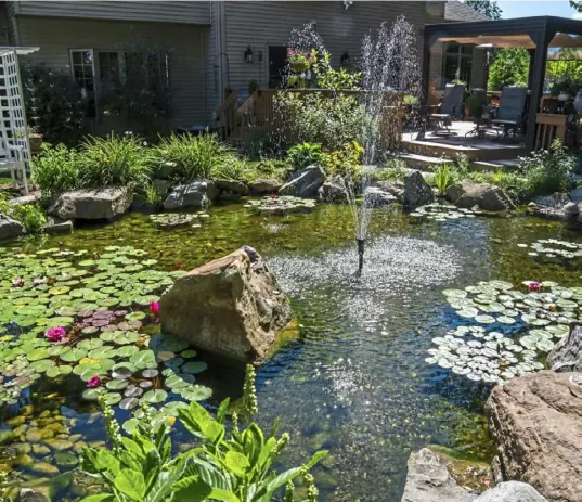  ?? Andrew Rush/Post-Gazette photos ?? Mary and Rick Bucci’s garden in Cranberry has a pond, waterfall and stream. It’s one of six stops on a garden tour July 25 organized by the Southern Butler County Garden Club.