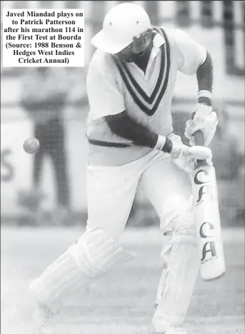  ?? ?? Javed Miandad plays on to Patrick Patterson after his marathon 114 in the First Test at Bourda (Source: 1988 Benson & Hedges West Indies Cricket Annual)