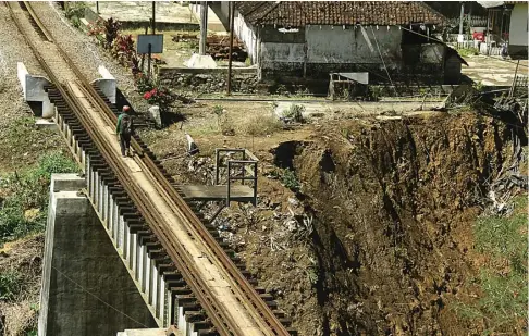  ?? JUMAI/JAWA POS RADAR JEMBER ?? AWAS BAHAYA: Bibir sungai sekitar rel KA terowongan Garahan ambrol, tetapi masih aman untuk dilewati kereta api. Lokasi tersebut memang rawan longsor.