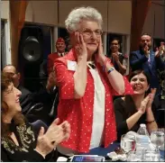  ?? BARRY TAGLIEBER - FOR MEDIANEWS GROUP ?? Mae Krier (one of the original Rosie the Riveter) reacts to the applause for her Lifetime Achievemen­t award.