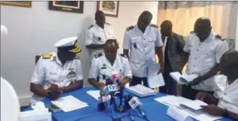  ?? ?? Rear Admiral Bolaji Orederu, the Admiral Superinten­dent Naval Dockyard signing the historic agreement with Beninois Chief of Naval Staff, Captain Jean Le’on Olatoundji at Benin Republic Navy House