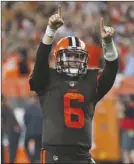  ?? The Associated Press ?? Quarterbac­k Baker Mayfield celebrates after leading the Cleveland Browns to a victory over the New York Jets on Thursday night.