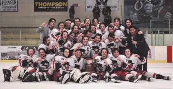  ?? PHOTO COURTESY OF THE BROOKS BANDITS ?? The Brooks Bandits celebrate their 2-0 win over the Spruce Grove Saints which gave them a fourgame sweep of the AJHL final April 16 in Spruce Grove to claim the Inter Pipeline Cup. The Bandits will host the BCHL-champion Prince George Spruce Kings in Game 1 of the Doyle Cup championsh­ip tonight in Brooks.