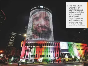  ?? Abdul Rahman/Gulf News ?? The Abu Dhabi Chamber of Commerce and Industry building is illuminate­d with Shaikh Zayed’s portrait and the colours of the UAE flag.