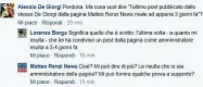  ??  ?? La gaffe Lo scambio su Facebook tra De Giorgi e il giornalist­a Lorenzo Borga: l’ultimo commento di De Giorgi (poi cancellato) è stato lasciato con il profilo di «Matteo Renzi News»