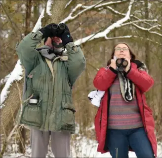  ?? DAVID BEBEE PHOTOS, RECORD STAFF ?? Peter Coo and Dawn Miles follow Schneider’s Creek while taking part in the annual Kitchener Christmas Bird Count Saturday. Seventy different bird species were spotted.