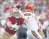  ?? NHAT V. MEYER — BAY AREA NEWS GROUP FILE ?? The San Francisco 49ers’ Nick Bosa (97) pressures against Cleveland Browns quarterbac­k Baker Mayfield (6) in the first quarter at Levi’s Stadium in Santa Clara on Monday, Oct. 7, 2019.