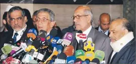  ?? Ahmed Hammad European Pressphoto Agency ?? LIBERALS Amr Moussa, second from left, and Mohamed ElBaradei, f lanked by Islamists Abul Ela Madi, far left, and Saad Katatni, attended the unity talks.