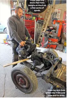  ?? ?? WEIGHT LIFTING! Peter says tiny 602cc flat-twin weighs as much as a few sacks of spuds.
Steering rack lives within the front axle tube and its arms.