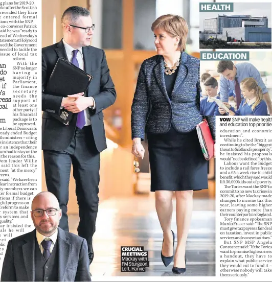  ??  ?? CRUCIAL MEETINGS Mackay with FM Sturgeon. Left, Harvie EDUCATION VOW SNP will make health and education top priorities HEALTH