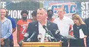  ?? Joe Morelli / Hearst Connecticu­t Media ?? CIAC executive director Glenn Lungarini speaks at a news conference held at Willow Brook Park’s Veterans Stadium on Aug. 17 encouragin­g student-athletes to get the COVID-19 vaccinatio­n.