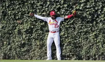  ?? AP PHOTO/MATT MARTON ?? St. Louis Cardinals left fielder Marcell Ozuna (23) leans into the ivy after catching a fly ball hit by Chicago Cubs’ Kris Bryant to end the seventh inning of a baseball game on Friday, in Chicago.