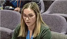  ?? Connecticu­t Network/Contribute­d photo ?? Victoria Hill testifies before the Connecticu­t Judiciary Committee on March 11. Hill says she dated her half-brother in high school after her mother and others were inseminate­d by Dr. Burton Caldwell, documents show.