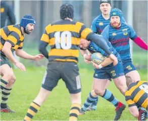  ??  ?? Combe Down (yellow and black) hauled Melksham to a 59-10 defeat to remain unbeaten at the top of the Dorset &amp; Wilts 1 North table