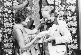  ??  ?? DAME Janet Suzman hands Pieter-Dirk Uys a Three Leaf Award, now known as a Fleur du Cap Theatre Award, in Cape Town in 1982.