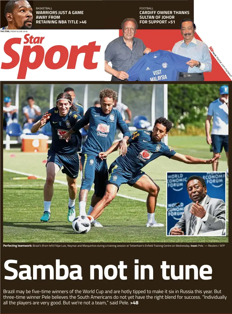  ?? — Reuters / AFP ?? Perfecting teamwork: Brazil’s (from left) Filipe Luis, Neymar and Marquinhos during a training session at Tottenham’s Enfield Training Centre on Wednesday. Inset: Pele.