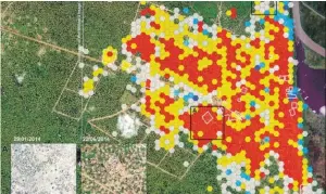  ?? BILD: SN/Z_GIS ?? Das Satelliten­bild zeigt in den roten und gelben Flächen, dass das Flüchtling­slager Minkaman im Südsudan zwischen Jänner und Juni 2014 um fast 10.000 Unterkünft­e (von 3928 auf 13.668) gewachsen ist.