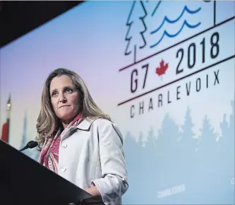  ?? COLE BURSTON BLOOMBERG ?? Foreign Affairs Minister Chrystia Freeland said she had a “good” conversati­on about CETA with Italian Prime Minister Giuseppe Conte during the G7 summit in Quebec.