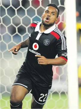  ?? Picture: Backpagepi­x ?? HOT-SHOT. Orlando Pirates striker Kermit Erasmus celebrates his second goal during their Caf Confederat­ion Cup match against FC Mounana at Orlando Stadium on Saturday.