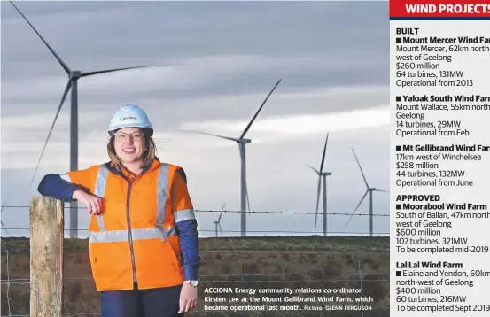  ?? Picture: GLENN FERGUSON ?? ACCIONA Energy community relations co-ordinator Kirsten Lee at the Mount Gellibrand Wind Farm, which became operationa­l last month.