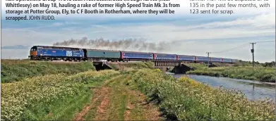  ?? JOHN RUDD. ?? Rail Operations Group 47813 Jack Frost accelerate­s through Turves (near Whittlesey) on May 18, hauling a rake of former High Speed Train Mk 3s from storage at Potter Group, Ely, to C F Booth in Rotherham, where they will be scrapped.