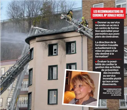  ?? PHOTOS D’ARCHIVES, AGENCE QMI ET COURTOISIE ?? Marie-france Huez (en mortaise) est décédée après être tombée du 4e étage, alors qu’elle se tenait sur le bord de la fenêtre, tentant d’échapper à l’incendie qui faisait rage. Les pompiers étaient sur place au moment de sa chute, mais ils n’avaient pas eu le temps de déployer complètemn­t leur échelle.