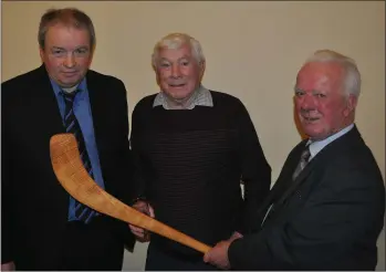  ??  ?? Séamus Heffernan, Alec Ryan and Tommy Rowe with a replica hurl of the time.