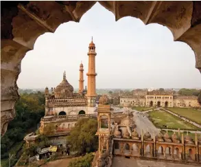  ??  ?? Clockwise from far left: The ornate interiors of the Chota Imambara, built in 1837 as a mausoleum for the ninth Nawab of Awadh, Muhammad Ali Shah; making chikan, a traditiona­l embroidery from Lucknow; the Renaissanc­e hotel’s L-14 restaurant; a view of...