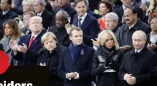  ?? FOTO EPA-EFE ?? Trump, Merkel, Macron en Poetin namen naast elkaar plaats tijdens de ceremonie aan de Arc de Triomphe.