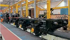  ??  ?? Left: The chassis of the tender of No. 70000 in front of that of the locomotive shows the standard of work being achieved at Crewe.
A2 No. 60532's tender is in the background and No. 5029 is stripped down in preparatio­n for overhaul.