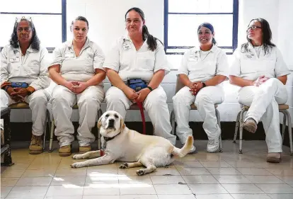  ?? Yi-Chin Lee / Houston Chronicle ?? Texas Department of Criminal Justice's Patriot Paws participan­t Dawn Buish handles a service dog in training, Jessie, while waiting in a training demonstrat­ion at the Crain Unit last week in Gatesville. This month marks the 10th year of the program,...