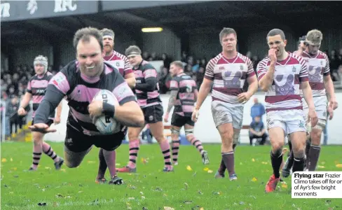  ??  ?? Flying star Frazier Climo takes off for one of Ayr’s few bright moments