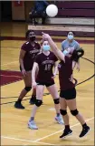  ?? File photo by Ernest A. Brown ?? Bella Mencarini, right, and the Woonsocket girls volleyball team overcame visiting Tiverton in five games Friday night.
