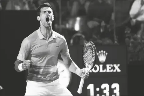  ?? ALESSANDRA TARANTINO/AP ?? SERBIA’S NOVAK DJOKOVIC celebrates after winning his semifinal match against Norway’s Casper Ruud at the Italian Open tennis tournament, in Rome on Saturday.