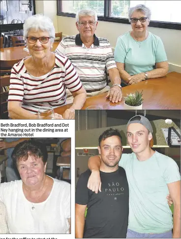  ??  ?? Beth Bradford, Bob Bradford and Dot Ney hanging out in the dining area at the Amaroo Hotel Robert and Josh Calder playing pool at the RSL Club