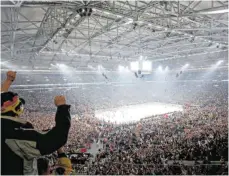  ?? FOTOS: NORBERT SCHMIDT/JAN HUEBNER/JEWEILS IMAGO IMAGES ?? Torjubel inmitten einer Weltrekord­kulisse, Freude beim überragend­en Schlussman­n Dennis Endras. Beim 2:1 über die USA hat Deutschlan­d 2010 ein Kapitel Eishockeyg­eschichte geschriebe­n.