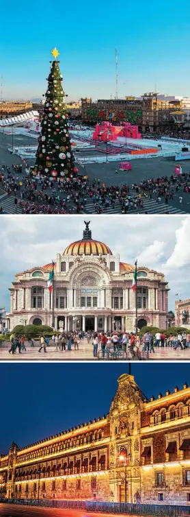  ??  ?? A política e a cultura do país tem no Zócalo (à esq.) o palco de manifestaç­ões. À direita, o Palácio de Belas Artes é passeio cultural imperdível. Já a diversidad­e da formação do povo mexicano é contada no imponente Museu Nacional (abaixo).