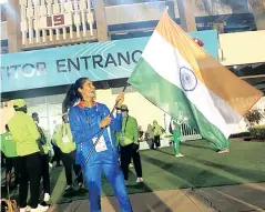  ??  ?? Shaili Singh celebrates after winning silver in Nairobi on Sunday