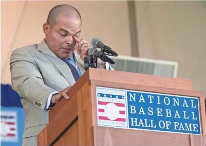  ?? GREGORY J. FISHER, USA TODAY SPORTS ?? Ivan Rodriguez got emotional during his Hall of Fame speech, paying tribute to family members and teammates.