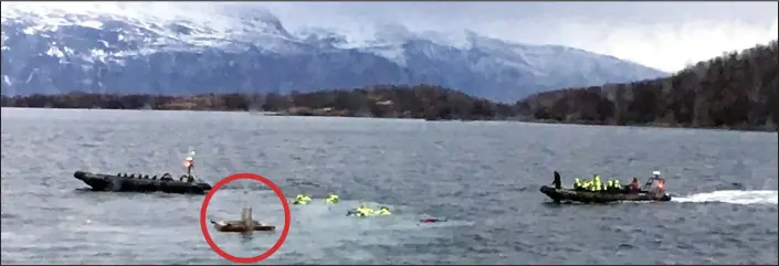  ??  ?? Freak accident: tourists wearing fluorescen­t life jackets plunged into the water off the coast of Norway yesterday after their boat hit a fountain, circled