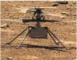  ?? FOTO: NASA/JPL-CALTECH/DPA ?? Kann nicht nur stehen, schwebt auch: Hubschraub­er „Ingenuity“auf dem Mars.