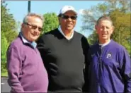  ?? BARRY TAGLIEBER - FOR DIGITAL FIRST MEDIA ?? Andre Thornton, center, reunites with his former Babe Ruth coaches Jack Strogus, left, and John ‘Doc’ Kennedy Wednesday after having his number retired by the Phoenixvil­le baseball program.