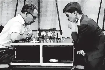  ?? ?? Mikhail Botvinnik (left) and Bobby Fischer during their encounter at the Varna, Bulgaria, Chess Olympiad in 1962 (Photo: Chessbase)