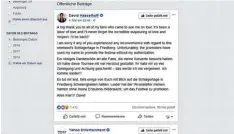  ?? Foto: Screenshot ?? In einer Nachricht an seine Fans äußert sich David Hasselhoff via Facebook auch zu seinem geplatzten Auftritt auf den Schlagerta­gen.